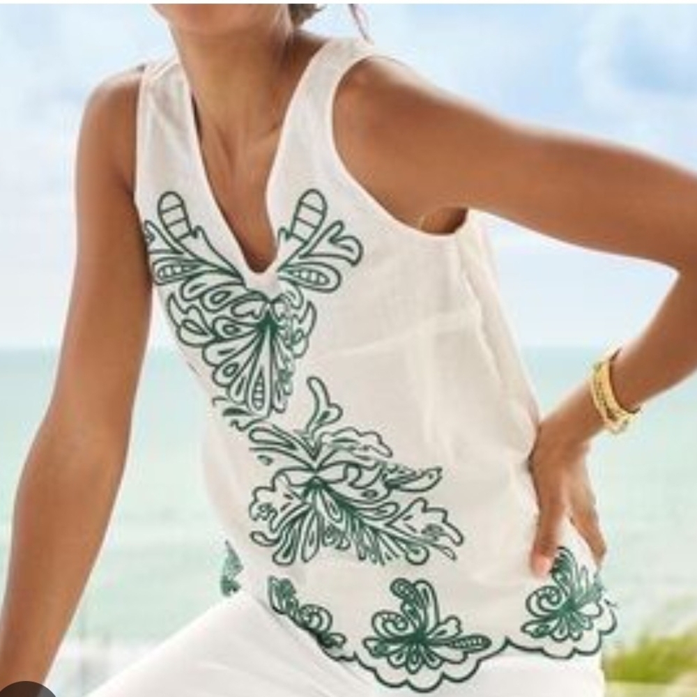Talbots Women's White Sleeveless Tank Top With Intricate Green Embroidery Size M